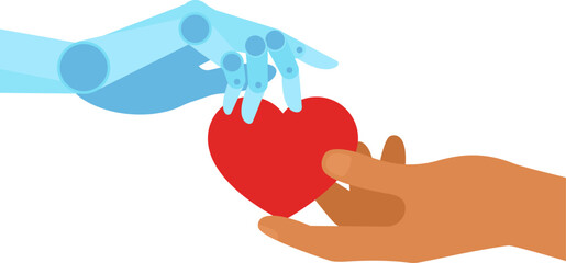 Human and robot hands holding heart shape. Collaboration between technology and humanity. Innovation. Artificial intelligence evolution and interaction with human processes.