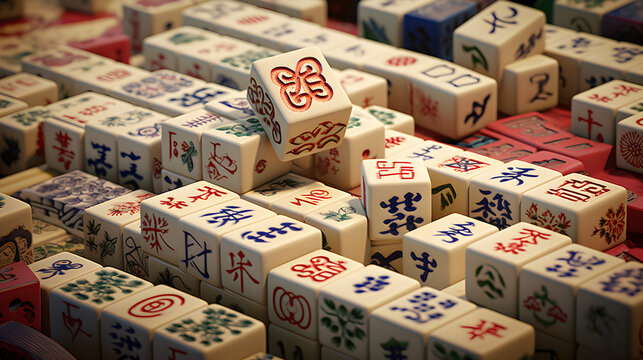 The mahjong on table ancient asian board game close up image
