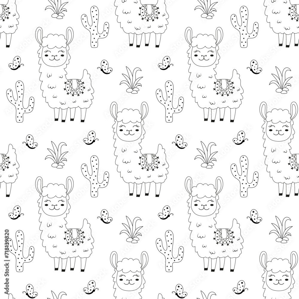 Wall mural outline llama and cactus seamless pattern, scandinavian style, simple cute succulent and alpacas, vector illustration  isolated on background