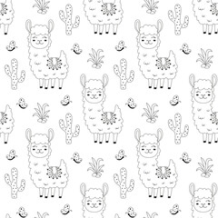 outline llama and cactus seamless pattern, scandinavian style, simple cute succulent and alpacas, vector illustration  isolated on background