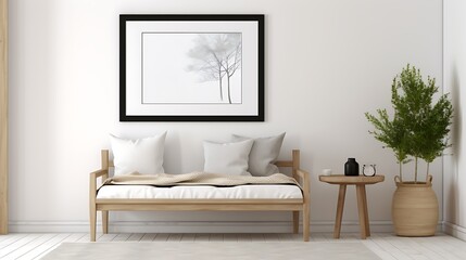Guest room with a statement Mockup poster blank frame above a tufted bench