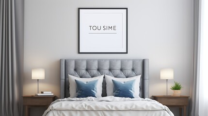Guest room with a statement Mockup poster blank frame above a tufted headboard
