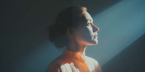 Young white female in contemplation, profile highlighted by a sharp ray of light against a shadowy background