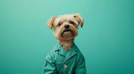 Cute Baby Dog in a Blue Lab Coat on Green Background