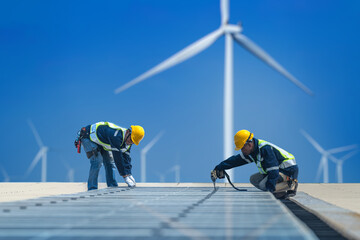 Worker Technicians are working to construct solar panels system on roof with wind turbine on...
