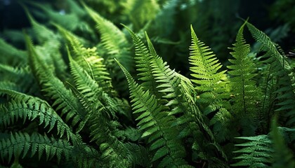 Fototapeta na wymiar Nature’s Artistry: Green Ferns Amidst Shadowed Silence, generative ai
