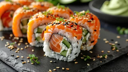 Fotobehang Assorted sushi nigiri and maki big set on slate. A variety of Japanese sushi with tuna and crab. © Vasiliy