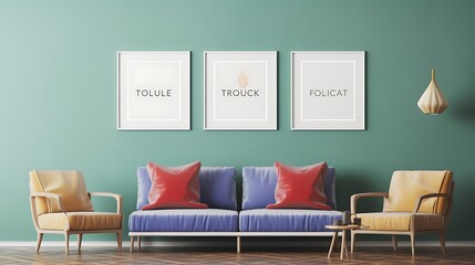 Lounge featuring a gallery wall of Mockup poster blank frames in varied sizes and colors