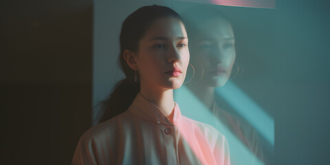 Young Asian lady with bold hoop earrings, her thoughtful expression mirrored, amidst a play of light and shadows