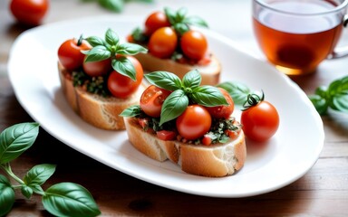 Bruschetta with cherry tomatoes and fresh basil on a white elongated plate