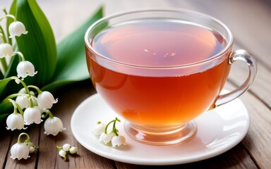 Fototapeta premium A transparent cup of red tea on a saucer next to lily of the valley flowers on a wooden table