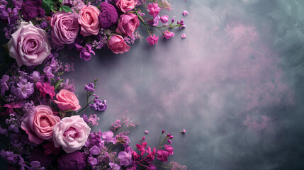 Pink and purple roses on a grey background