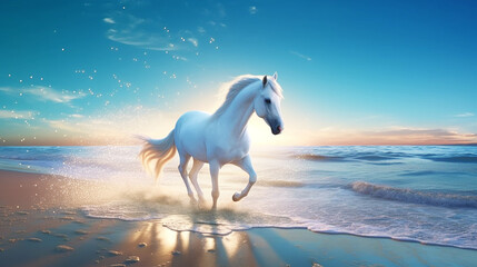 Obraz na płótnie Canvas White horse running on the beach with sunlight