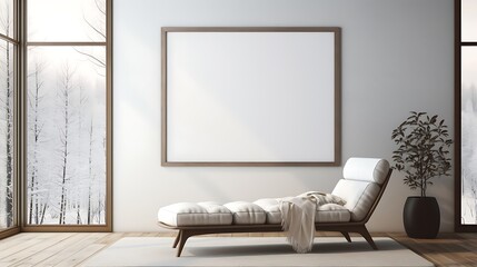 Lounge with a panoramic window view framed by a sleek Mockup poster blank frame