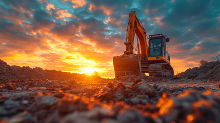 Excavator, ground and career, sunset at construction site with maintenance, contractor and clouds in landscape. Engineer, working and preparing, urban infrastructure and vision for renovation - obrazy, fototapety, plakaty