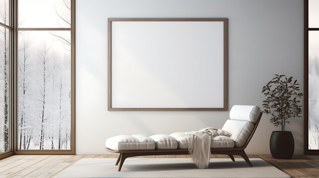 Lounge With A Panoramic Window View Framed By A Sleek Mockup Poster Blank Frame