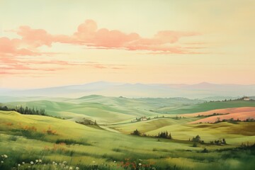 Beautiful meadow painting of mountains and sunrise. View from the top of the hill. Green fields and trees. Generative AI