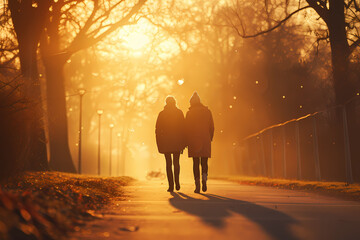 Joy of a couple taking a leisurely stroll on Valentine's Day. - obrazy, fototapety, plakaty