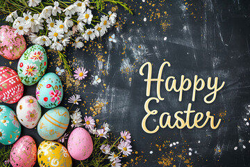 "Happy Easter" quote on dark chalkboard ground surrounded by easter eags and flowers, easter background