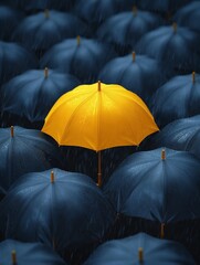 Yellow Umbrella Stands Out Amidst Group of Blue Umbrellas
