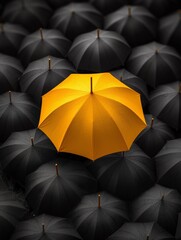 Group of Black and Yellow Umbrellas Standing Out in a Crowded Space