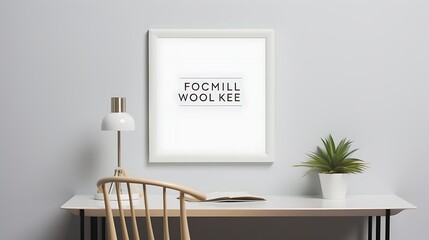 Minimalist Mockup poster blank frame above a sleek workspace with ergonomic furniture