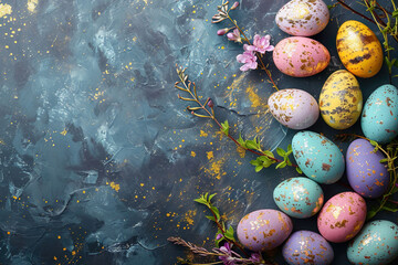colorful easter eggs with golden sprinkles and flowers on dark chalkboard ground with space for text, easter background