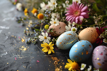 Obraz na płótnie Canvas colorful pastel easter eggs with golden sprinkles surrounded by flowers on dark chalkboard ground with space for text, easter background