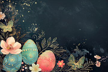illustration of colorful easter eggs with golden sprinkles and flowers on a dark chalkboard ground with space for text, easter background - obrazy, fototapety, plakaty