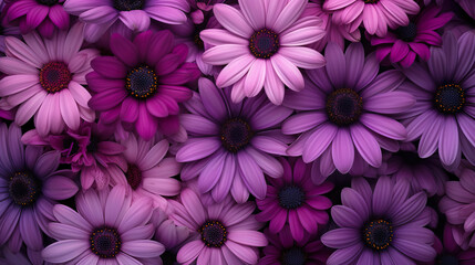 Flat lay. Nature concept. Floral Greeting card. Colorful spring purple gerbera daisies flower background - Generative AI