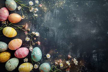 colorful pastel easter eggs with golden sprinkles surrounded by flowers on dark chalkboard ground with space for text, easter background