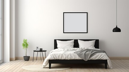 Fototapeta na wymiar Minimalist space featuring a black Mockup poster blank frame and a modern bed