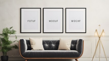 Mix of vintage and modern Mockup poster blank frames in a lounge with eclectic decor