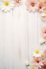 soft colored spring flowers as a border with space for text on white wooden ground, spring background