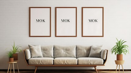 Mix of vintage and modern Mockup poster blank frames in a lounge with eclectic decor