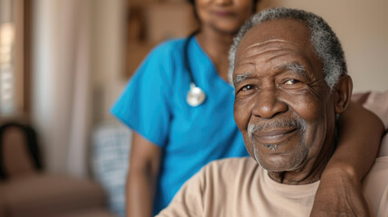 Elderly man smiling contentedly while a female nurse stands behind him, resting her hands on his shoulder in a comforting manner.