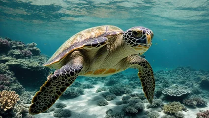 Poster Green sea turtle swimming among multicolored coral reef in stunning clear water © RIDA BATOOL