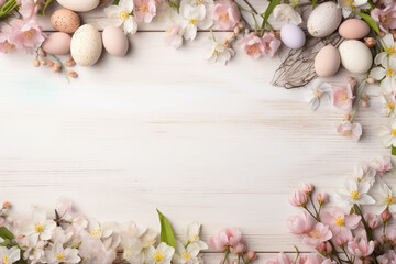 soft pastell colored easter eggs surrounded by flowers on a white wooden  ground with space for...
