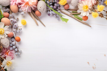 Fototapeta na wymiar soft pastell colored easter eggs surrounded by flowers on a white ground with space for text, easter background, postcard