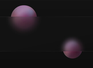 Glass morphism effect. Banner made of transparent frosted glass. Floating spheres on a black background.