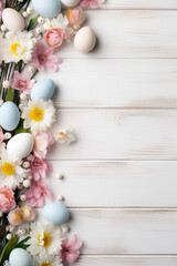 pastel colored easter eggs with soft colored flowers on white wooden ground with space for text, easter background