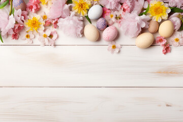 soft pastell colored easter eggs surrounded by flowers on a white wooden  ground with space for text, easter background, postcard