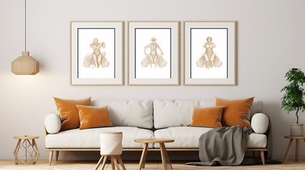 Mix of vintage and modern Mockup poster blank frames in a sophisticated lounge
