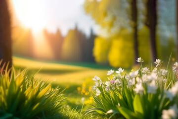 Landscape with grass and sun. Blur natural background. Copy place.