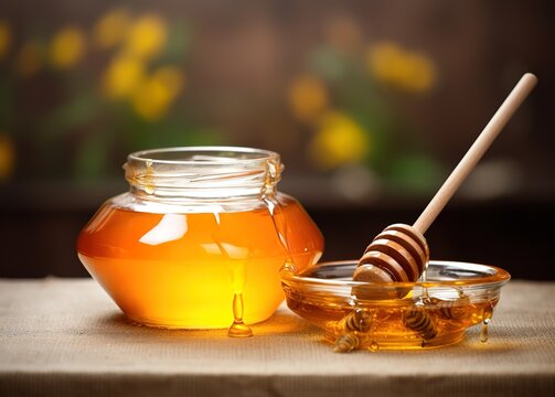 A jar containing sweet orange honey is photographed with a blurred background
