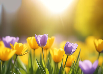 Purple and yellow tulips on nature blur background. Copy place. 