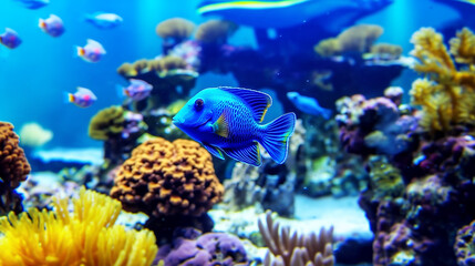 Sea fish in the blue sea with beautiful corals