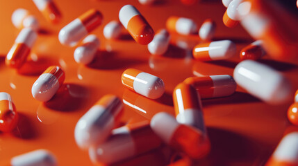 Numerous orange and white capsules suspended in the air against a vibrant orange background