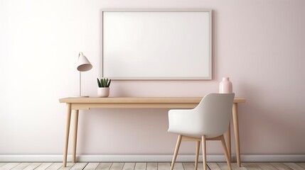 Mockup poster blank frame above a sleek and modern guest room writing desk