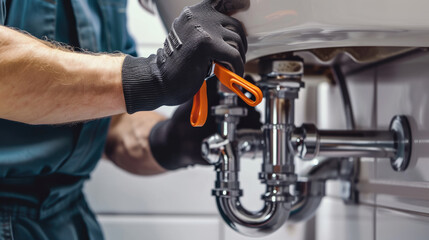 Plumber's hands using an pipe wrench to work on the chrome P-trap under a white sink